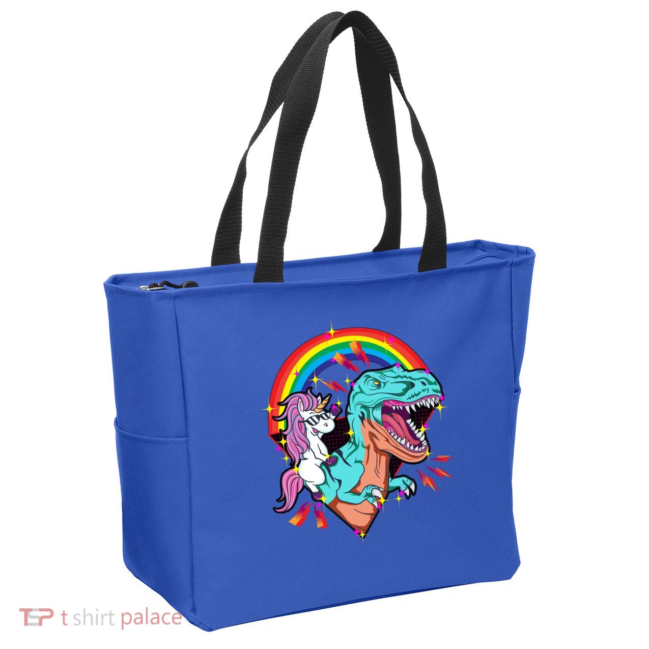 Unicorn Riding T Rex Rainbow Synthwave Dinosaur Gift Zip Tote Bag