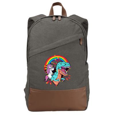 Unicorn Riding T Rex Rainbow Synthwave Dinosaur Gift Cotton Canvas Backpack