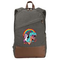 Unicorn Riding T Rex Rainbow Synthwave Dinosaur Gift Cotton Canvas Backpack