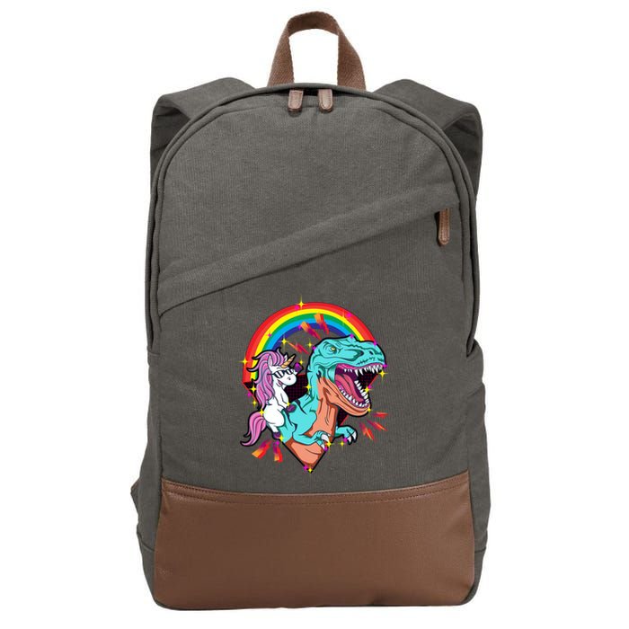 Unicorn Riding T Rex Rainbow Synthwave Dinosaur Gift Cotton Canvas Backpack