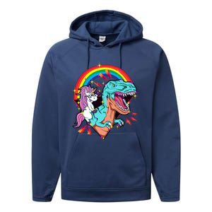 Unicorn Riding T Rex Rainbow Synthwave Dinosaur Gift Performance Fleece Hoodie