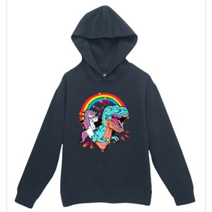 Unicorn Riding T Rex Rainbow Synthwave Dinosaur Gift Urban Pullover Hoodie