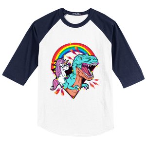 Unicorn Riding T Rex Rainbow Synthwave Dinosaur Gift Baseball Sleeve Shirt