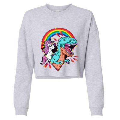 Unicorn Riding T Rex Rainbow Synthwave Dinosaur Gift Cropped Pullover Crew