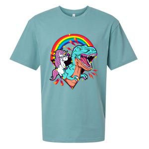 Unicorn Riding T Rex Rainbow Synthwave Dinosaur Gift Sueded Cloud Jersey T-Shirt