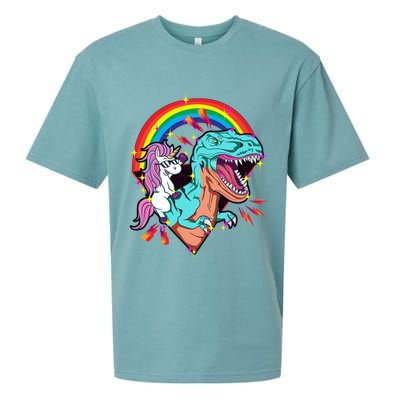 Unicorn Riding T Rex Rainbow Synthwave Dinosaur Gift Sueded Cloud Jersey T-Shirt