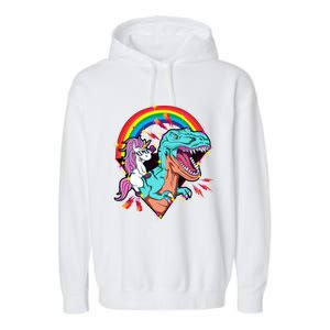 Unicorn Riding T Rex Rainbow Synthwave Dinosaur Gift Garment-Dyed Fleece Hoodie