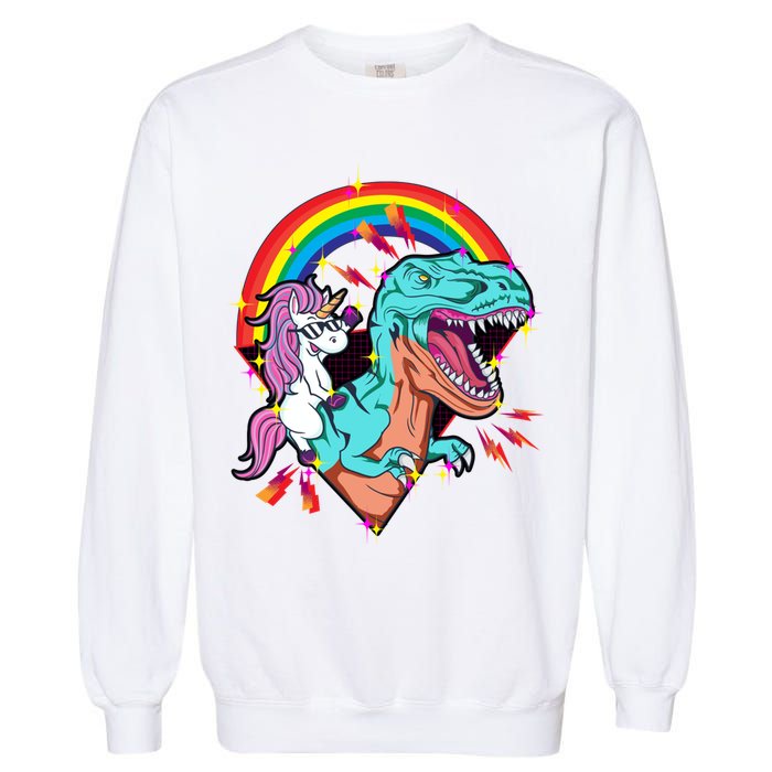 Unicorn Riding T Rex Rainbow Synthwave Dinosaur Gift Garment-Dyed Sweatshirt