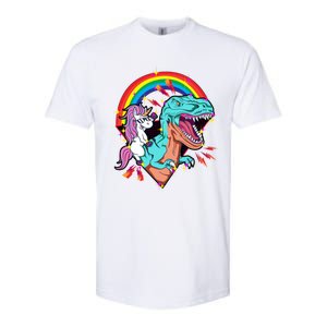 Unicorn Riding T Rex Rainbow Synthwave Dinosaur Gift Softstyle CVC T-Shirt