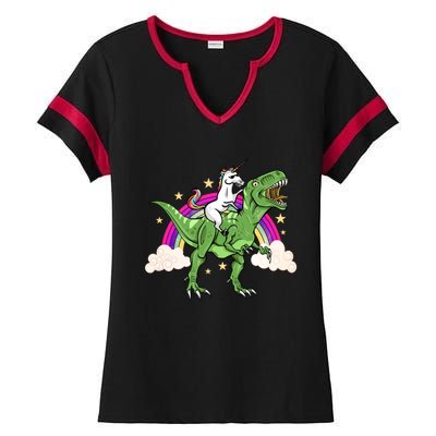 Unicorn Riding Trex Dinosaur Gift Ladies Halftime Notch Neck Tee