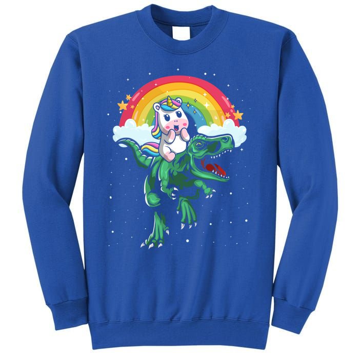 Unicorn Riding Trex Dino Dinosaur Rainbow Fun Unicorn Gift Tall Sweatshirt