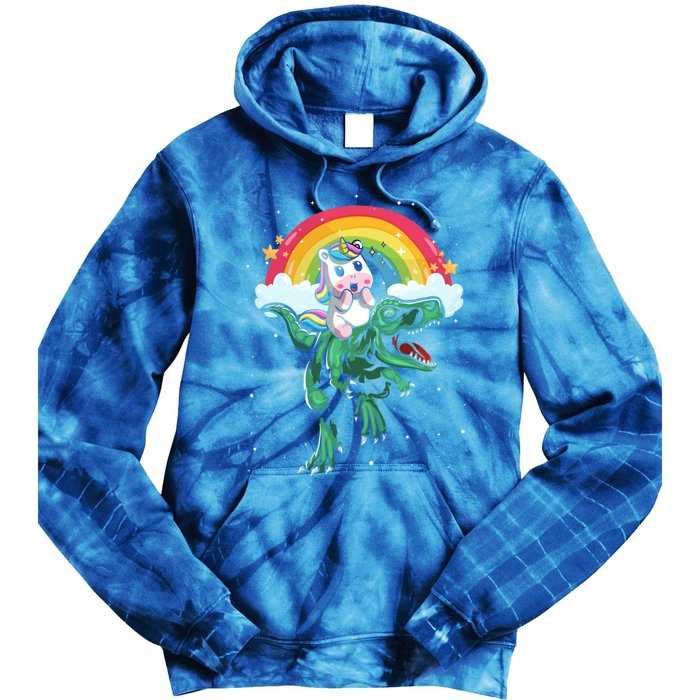 Unicorn Riding Trex Dino Dinosaur Rainbow Fun Unicorn Gift Tie Dye Hoodie