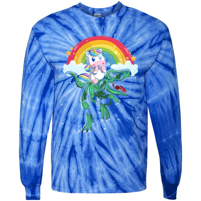 Unicorn Riding Trex Dino Dinosaur Rainbow Fun Unicorn Gift Tie-Dye Long Sleeve Shirt