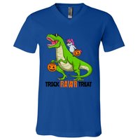 Unicorn Riding T Rex Dinosaur Halloween Trick Rawr Treat Gift V-Neck T-Shirt