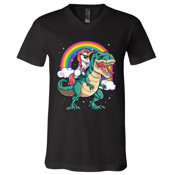 Unicorn Riding T Rex Dinosaur Rainbow V-Neck T-Shirt