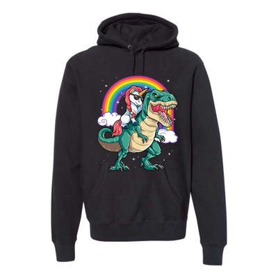 Unicorn Riding T Rex Dinosaur Rainbow Premium Hoodie