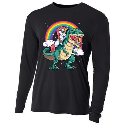 Unicorn Riding T Rex Dinosaur Rainbow Cooling Performance Long Sleeve Crew