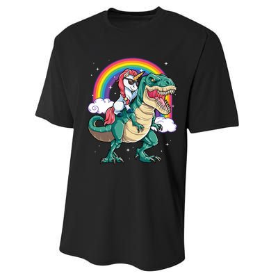 Unicorn Riding T Rex Dinosaur Rainbow Performance Sprint T-Shirt