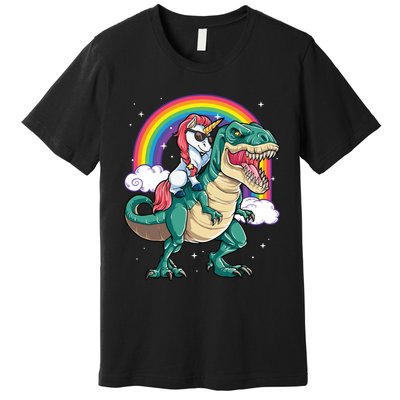 Unicorn Riding T Rex Dinosaur Rainbow Premium T-Shirt