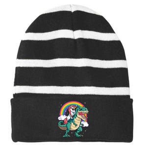 Unicorn Riding T Rex Dinosaur Rainbow Striped Beanie with Solid Band