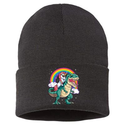 Unicorn Riding T Rex Dinosaur Girls Rainbow Sustainable Knit Beanie