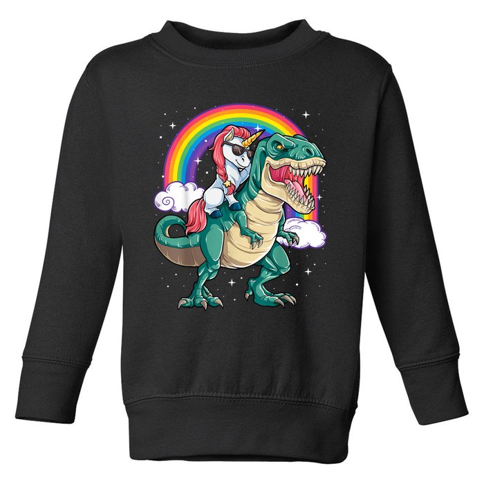 Unicorn Riding T Rex Dinosaur Girls Rainbow Toddler Sweatshirt