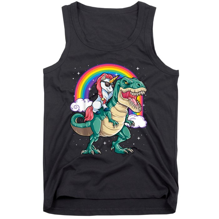 Unicorn Riding T Rex Dinosaur Girls Rainbow Tank Top