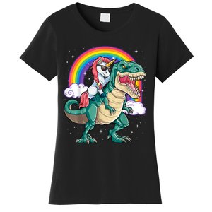 Unicorn Riding T Rex Dinosaur Girls Rainbow Women's T-Shirt