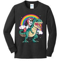 Unicorn Riding T Rex Dinosaur Girls Rainbow Kids Long Sleeve Shirt