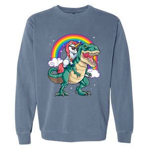 Unicorn Riding T Rex Dinosaur Girls Rainbow Garment-Dyed Sweatshirt