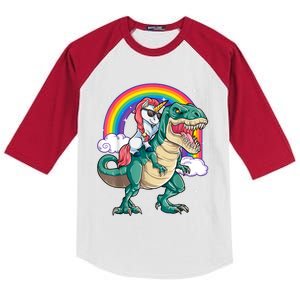 Unicorn Riding T Rex Dinosaur Girls Rainbow Kids Colorblock Raglan Jersey