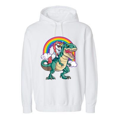 Unicorn Riding T Rex Dinosaur Girls Rainbow Garment-Dyed Fleece Hoodie