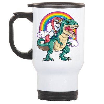 Unicorn Riding T Rex Dinosaur Girls Rainbow Stainless Steel Travel Mug