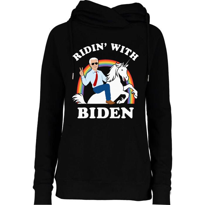 Unicorn Ridin With Biden Funny Joe Biden Womens Funnel Neck Pullover Hood