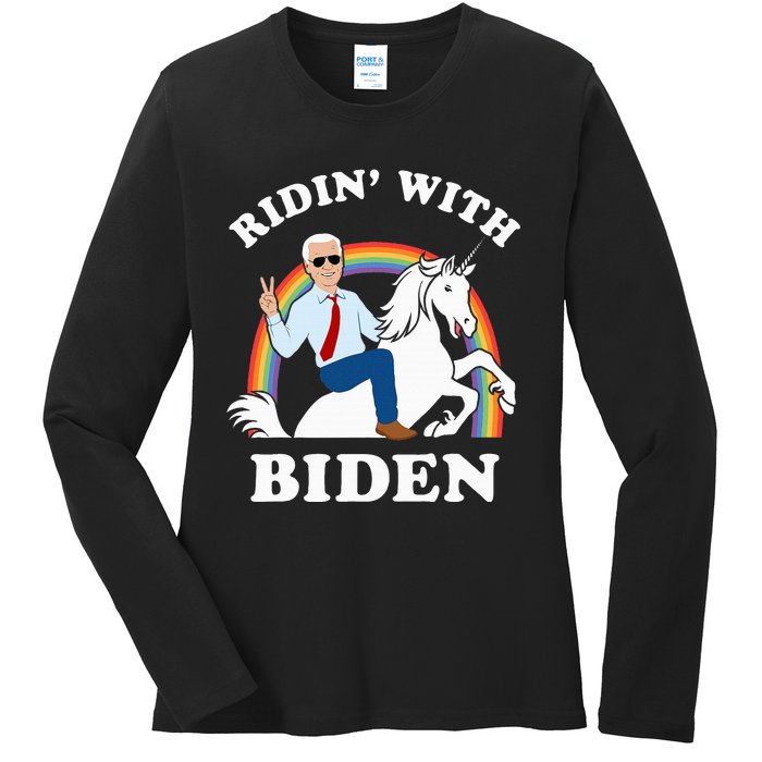 Unicorn Ridin With Biden Funny Joe Biden Ladies Long Sleeve Shirt