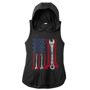 USA Red White Blue American Flag Mechanic Ladies PosiCharge Tri-Blend Wicking Draft Hoodie Tank