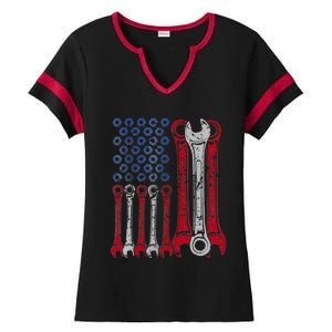 USA Red White Blue American Flag Mechanic Ladies Halftime Notch Neck Tee