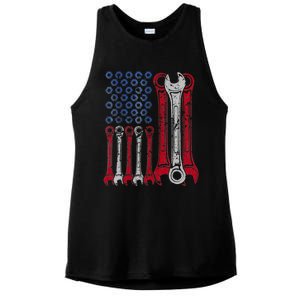 USA Red White Blue American Flag Mechanic Ladies PosiCharge Tri-Blend Wicking Tank