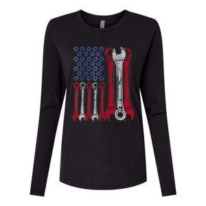 USA Red White Blue American Flag Mechanic Womens Cotton Relaxed Long Sleeve T-Shirt