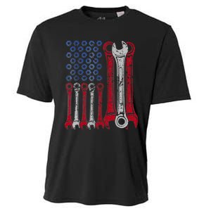 USA Red White Blue American Flag Mechanic Cooling Performance Crew T-Shirt