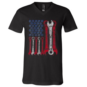 USA Red White Blue American Flag Mechanic V-Neck T-Shirt