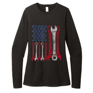 USA Red White Blue American Flag Mechanic Womens CVC Long Sleeve Shirt