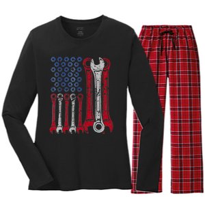 USA Red White Blue American Flag Mechanic Women's Long Sleeve Flannel Pajama Set 