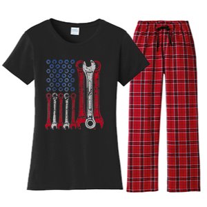 USA Red White Blue American Flag Mechanic Women's Flannel Pajama Set