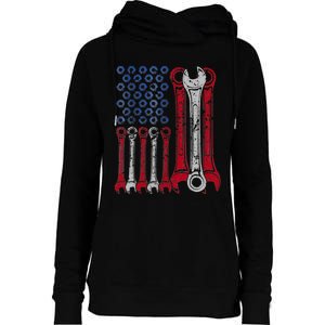 USA Red White Blue American Flag Mechanic Womens Funnel Neck Pullover Hood