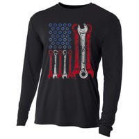 USA Red White Blue American Flag Mechanic Cooling Performance Long Sleeve Crew