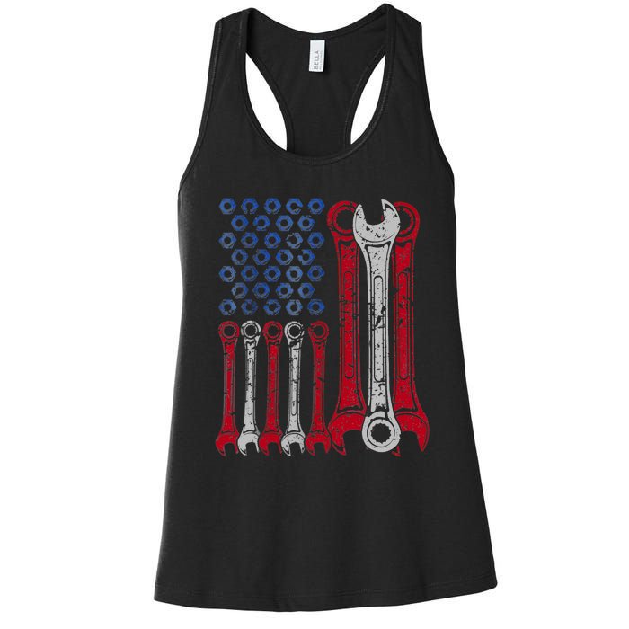 USA Red White Blue American Flag Mechanic Women's Racerback Tank