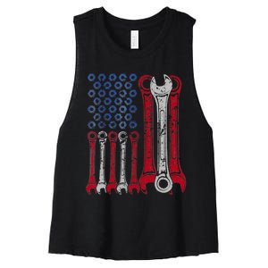 USA Red White Blue American Flag Mechanic Women's Racerback Cropped Tank