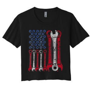 USA Red White Blue American Flag Mechanic Women's Crop Top Tee