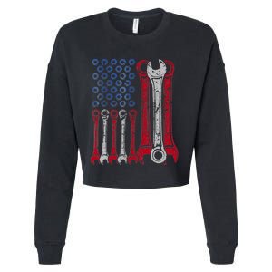 USA Red White Blue American Flag Mechanic Cropped Pullover Crew